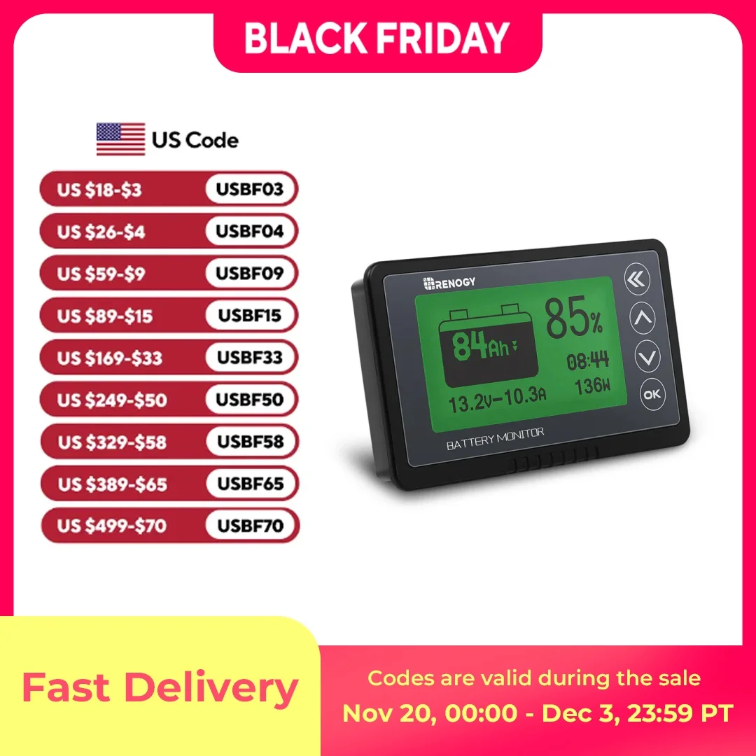 

Renogy 500A Battery Monitor with Shunt, High and Low Voltage Programmable Alarm, Range 10V-120V up to 500A