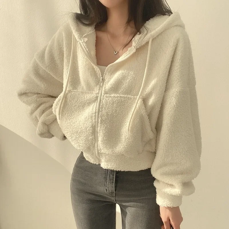 Women's Thickened Warm Fleece Hoodie Sudaderas New Zipper Drawstring Short Coat Lamb Velvet Jacket Autumn Winter Y2k Streetwear