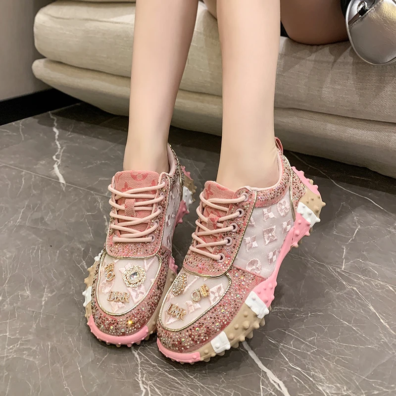 High Appearance Level Thick-soled Mesh Cloth Rhinestones Fashion All Comfortable Non-slip Breathable Sports Women's Single Shoes