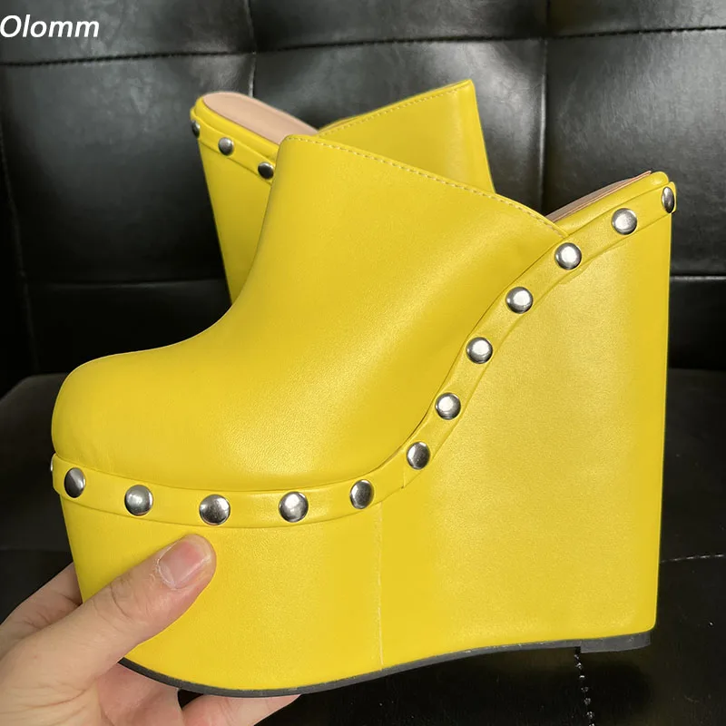 Olomm New Fashion Women Platform Pumps Sexy Studded Wedges High Heels Round Toe Pretty Yellow Shoes Ladies Plus US Size 5-15