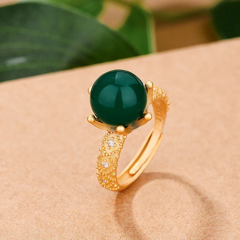 

Ancient gold craft inlaid natural crystal court style crown natural green chalcedony beads rings for women light wedding jewelry