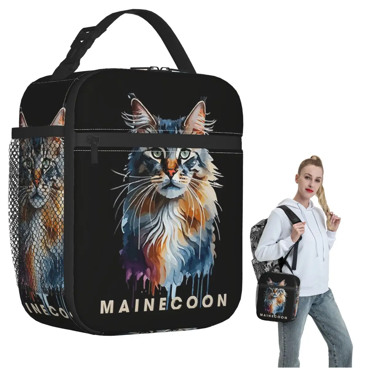 Colorful Mainecoon, Gorgeous Maine Coon Cat Art Insulated Lunch Bag for Women Kids Portable Food Boxes Thermal Lunch Box Tote
