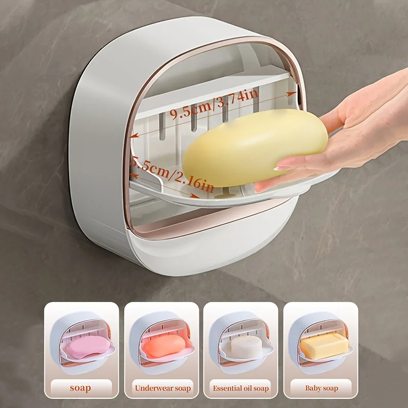Saboneteira de drenagem de parede com tampa, suporte abs à prova d'água sem perfuração para viagem de chuveiro de banheiro, acessório de higiene pessoal, 1 peça
