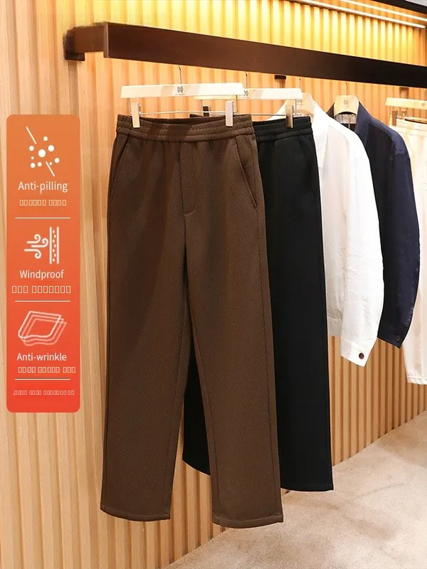 

Busin Casual Men's Pants High Weighted Texture Straight Leg Long Trousers Elastic Waist Polyester Fiber Anti-Pilling