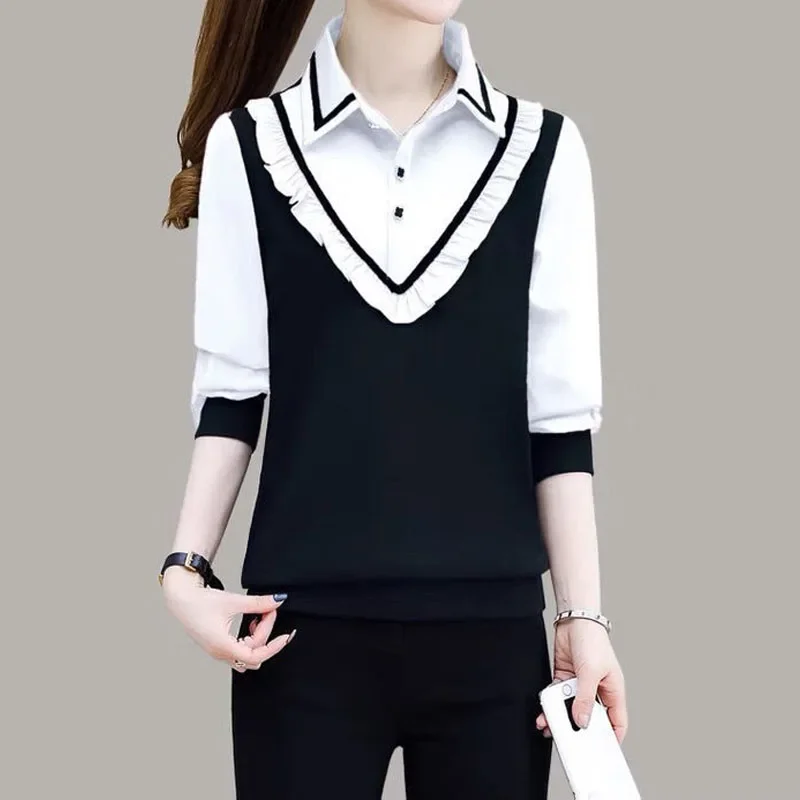 

Fashion All-match Women's Long Sleeve Patchwork Shirt Spring Autumn Korean Casual Fake Two Pieces Polo-Neck Blouse for Female