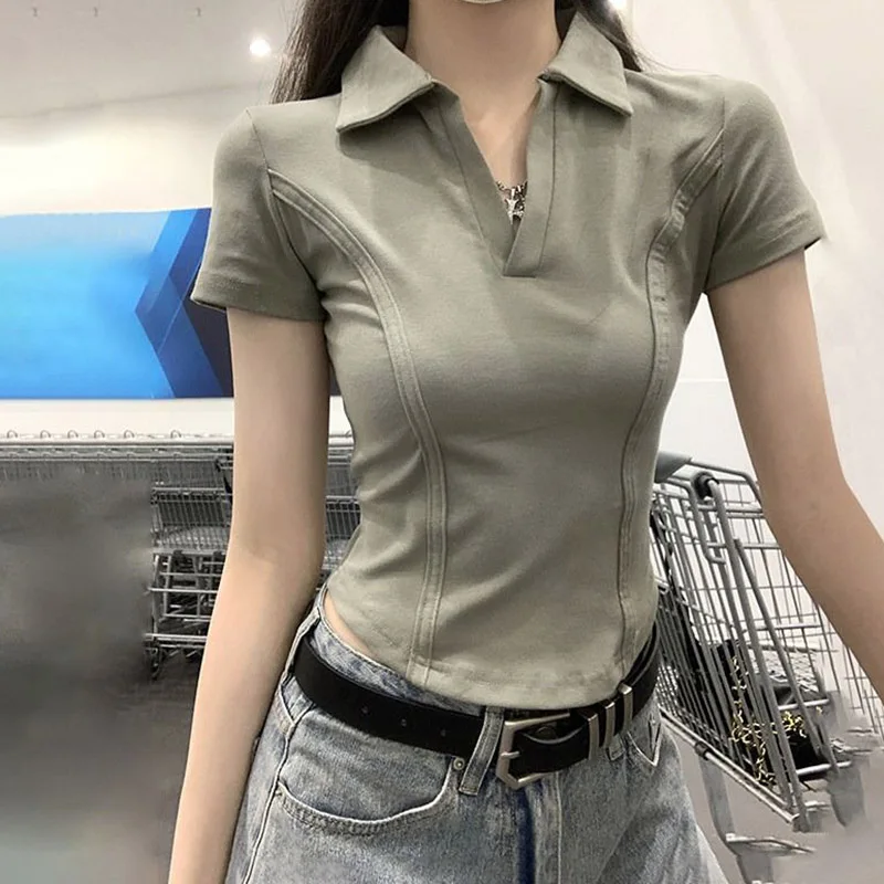 2026 Sommer Bestseller Damen T-Shirts Mode V-Ausschnitt T-Shirts Mädchen Einfarbige Basic Tops Frauen Slim Fit Dünne Kleidung