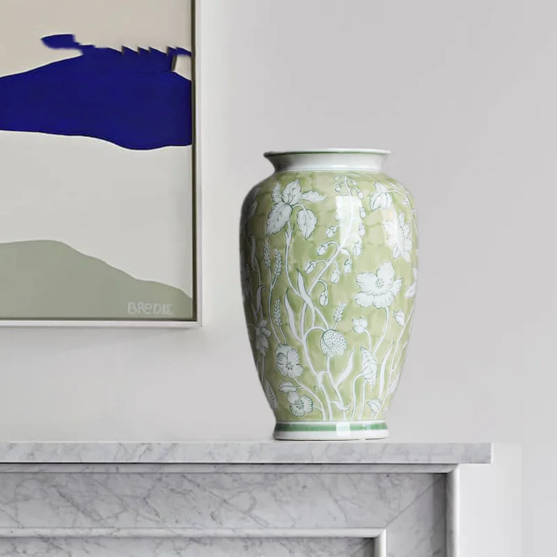 

Spring Tender Green Ceramic Vase, New Blue and White Porcelain Vase, Porcelain Foyer Floor Decoration, Living Room Decoration