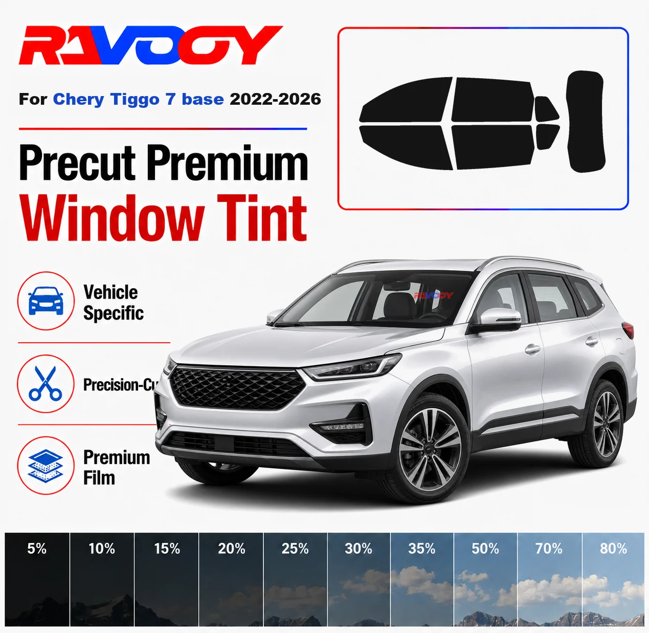 

Premium Precut Window Tint Kit Front Rear Windows Rear Windshield For Chery Tiggo 7 base 2022-2026 Car Solar Nano Ceramic Film