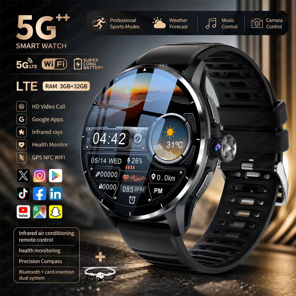 Reloj inteligente con conectividad 4G/3G, pantalla AMOLED de 1,60 pulgadas, videollamadas en alta definición, 3 GB de RAM + 32 GB de almacenamiento, Google Play, WIFI, NFC, GPS y brújula.