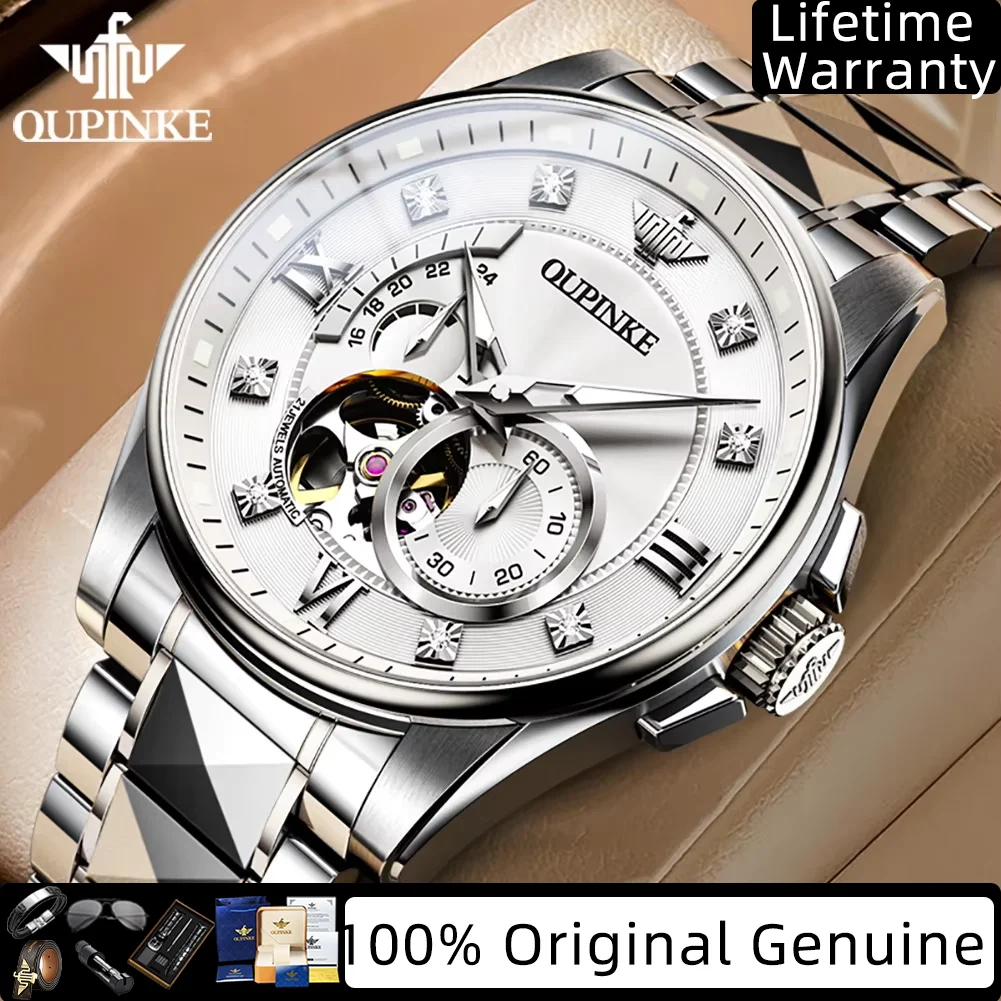

OUPINKE японские автоматические мужские часы с полым маховиком из вольфрамовой стали, водостойкий хронограф, механические наручные часы для мужчин 3245