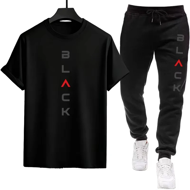 Black Letter Print Mens Tracksuit T-shirt + Pants Urban Causal Sports Outfit Male Spring Summer Home Outdoor Comfort Tees Set