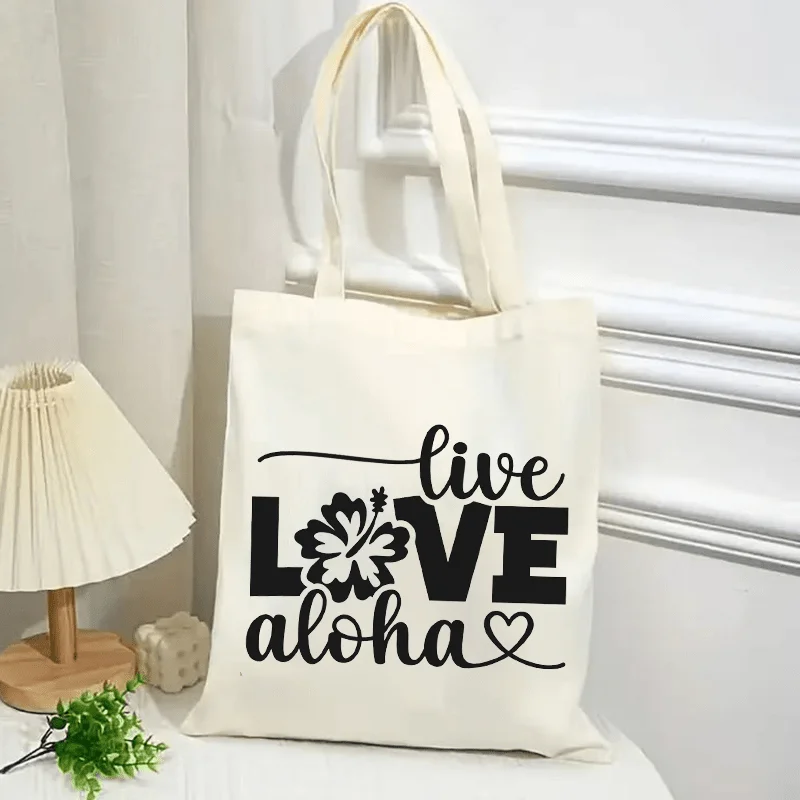 1pc, Women's Tropical Floral Tote Bag - Live Love Aloha Hawaiian Inspired Beach Bag, Spacious Open Top Work Bag, Machine Washabl