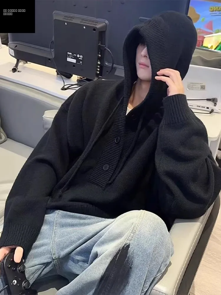 

Мужская черная вязаная толстовка-худи в американском стиле, повседневная верхняя одежда для пар, осенне-зимняя, из полиэфирного волокна