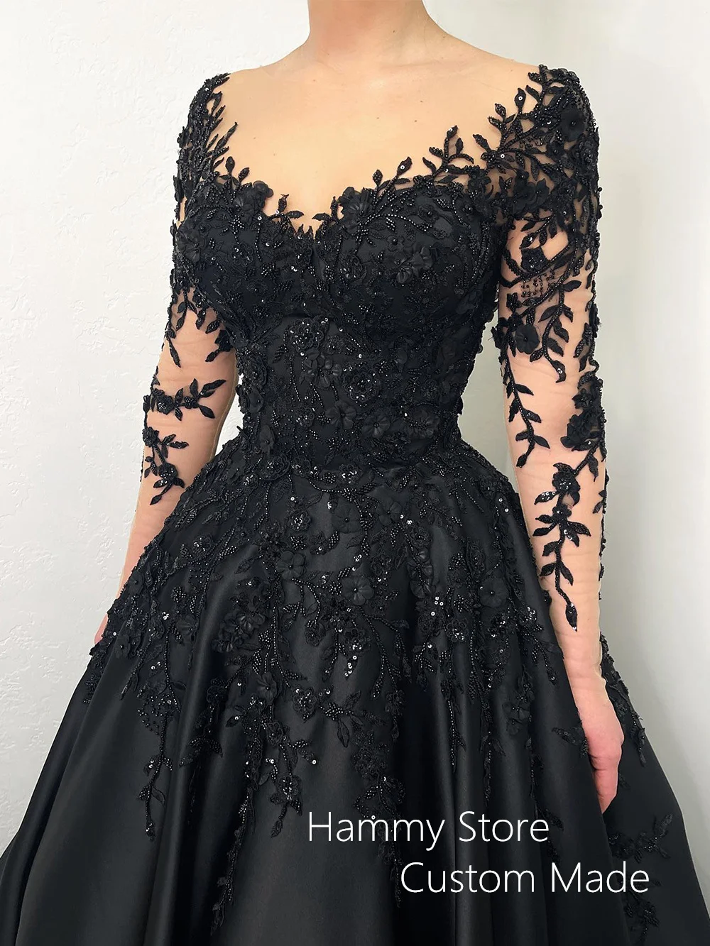 Long Sleeves Scoop Neck Black Wedding Dress Bride Dresses Customized Beading Sequined Applique A Line Satin Gothic Bridal Gown