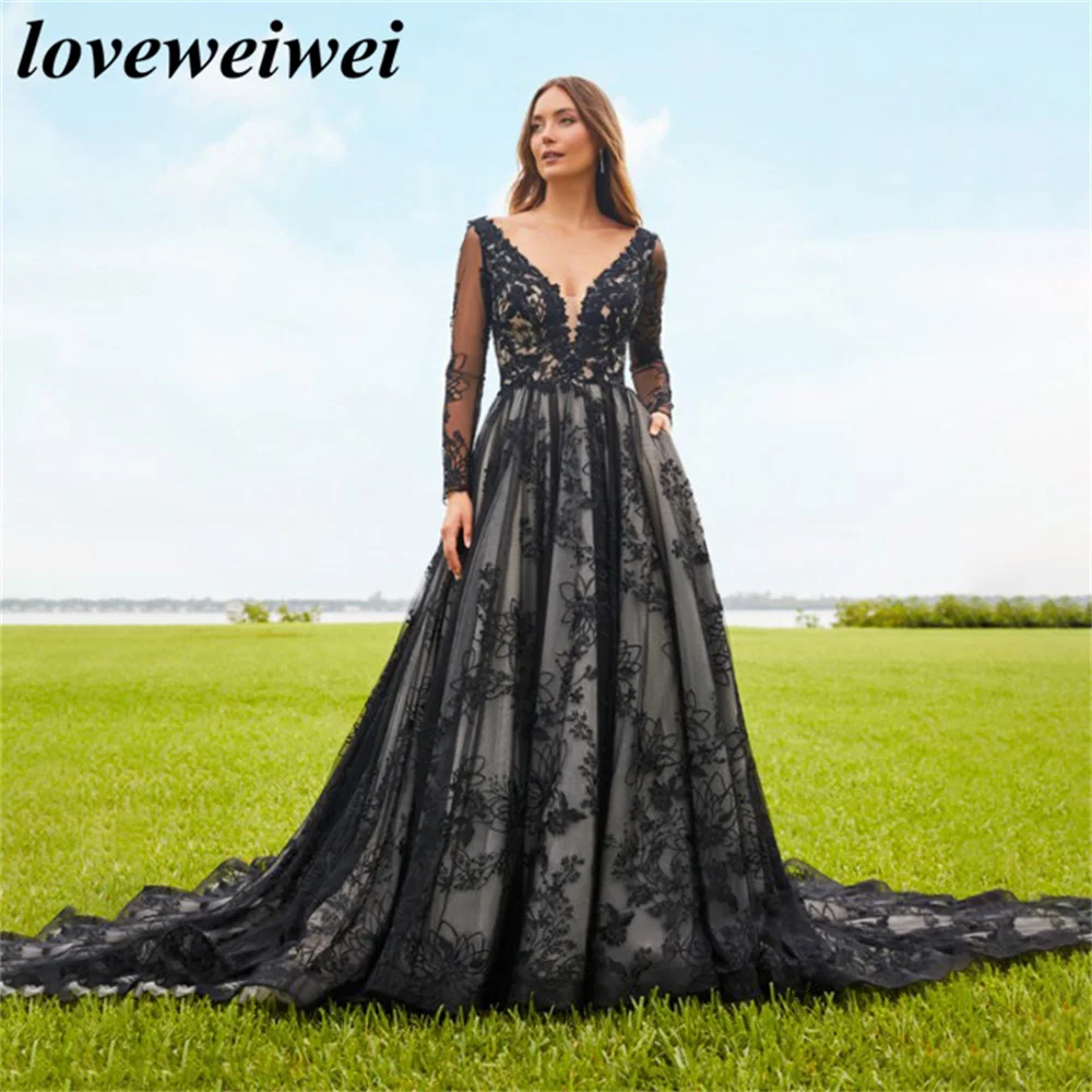 A Line Charming Wedding Dress Elegant Black Wedding Gown V Neck Lace Bridal Dress Sexy Long Sleeves Bridal Gown vestido novia