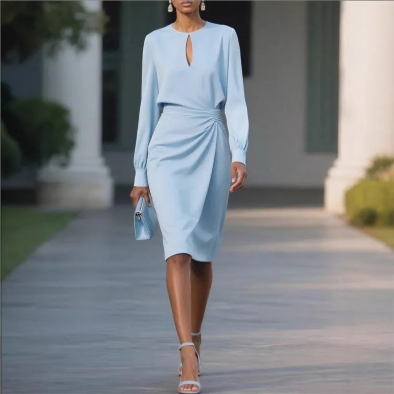

Elegant Temperament Woman's 2025 Autumn Dress Hollow Out O-Neck Long Sleeve Pleated Slim Bodycon Dresses Office Lady Vestidos