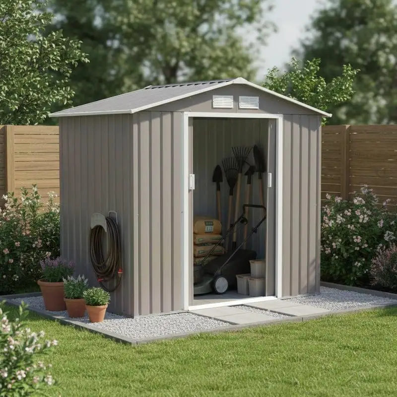 

7ft x 4ft Lockable Garden Metal Storage Shed Storage Roofed Tool Metal Shed w/ Air Vents Steel Grey
