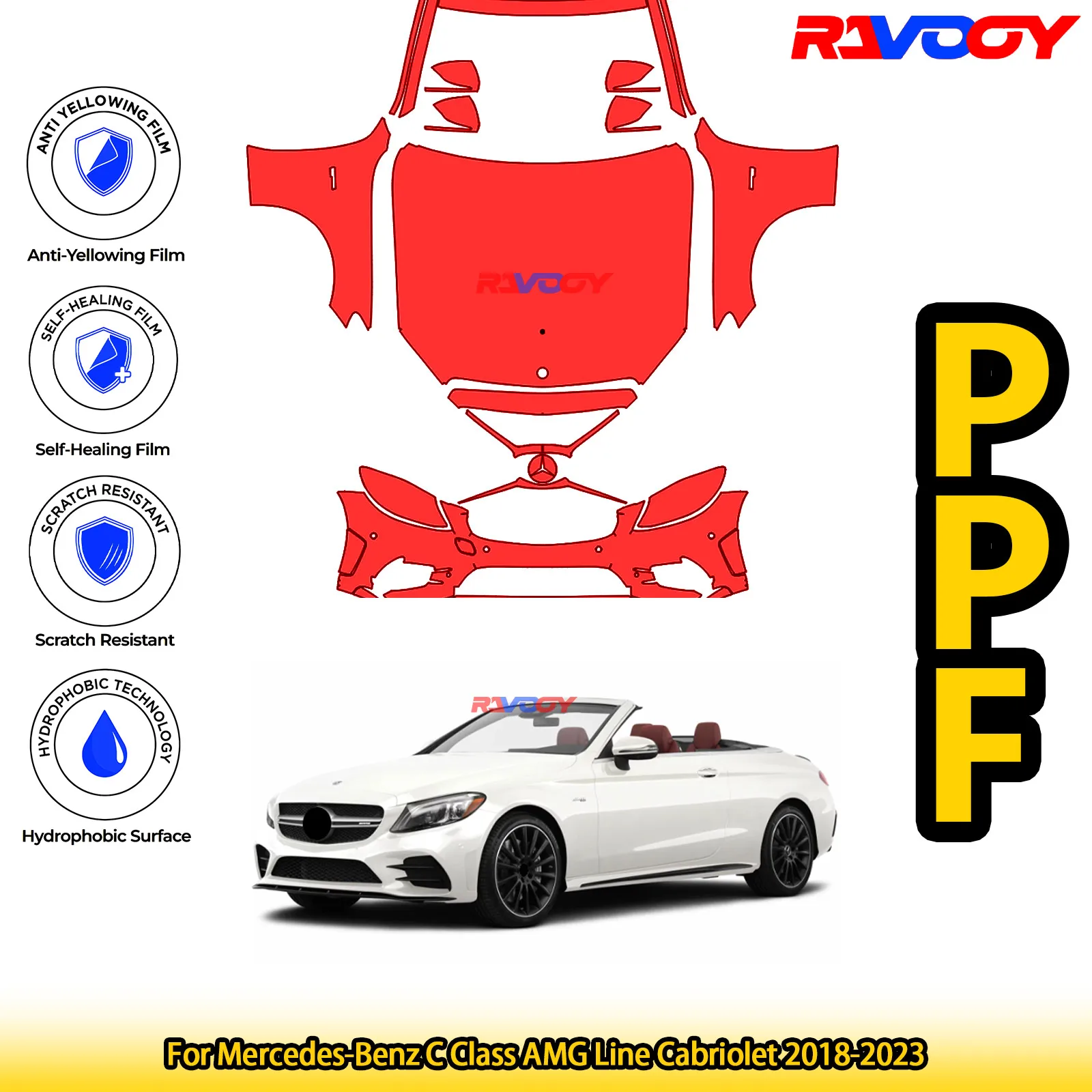 

Для Mercedes-Benz C Class AMG Line Cabriolet 2018-2023 глянцевый матовый черный предварительно вырезанный передний комплект PPF защитная пленка для краски