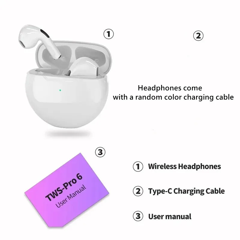 Headset Bluetooth 5.3 TWS Air Pro 6, Headphone Mini dengan mikrofon kotak pengisi daya untuk Xiaomi iPhone earbud