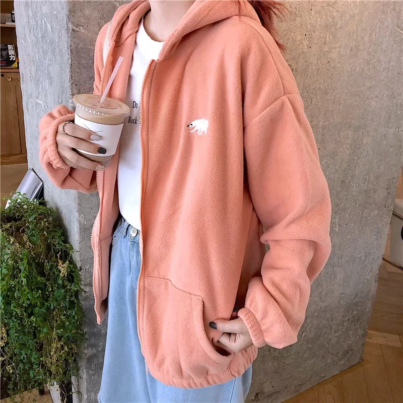Women's Polar Fleece Hoodie Tops Autumn Korean Winter Fashion Animal Embroidery Printing Loose Plush Zipper Sweatshirt 2021 New