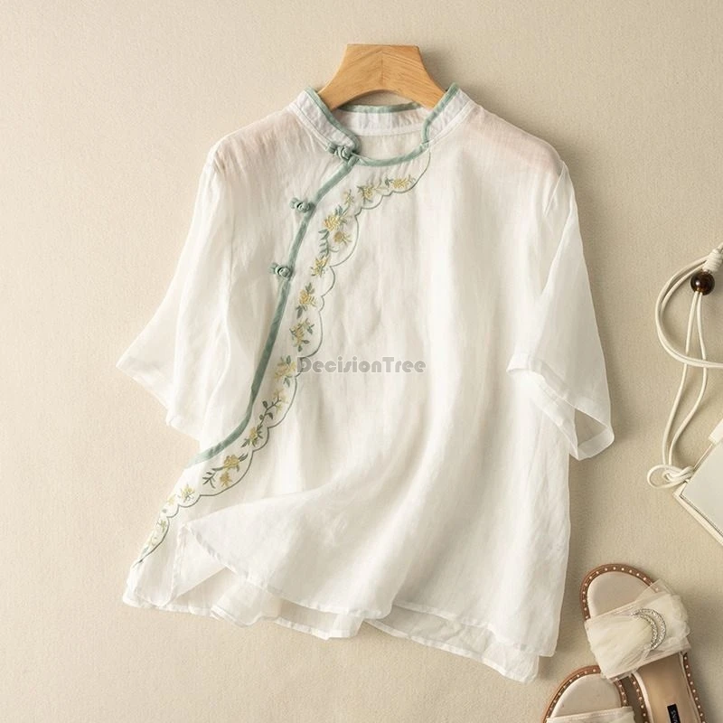 2026 chinese ethnic style women tea clothing vintage literature art temperament blouse new exquisite embroidery cotton linen top