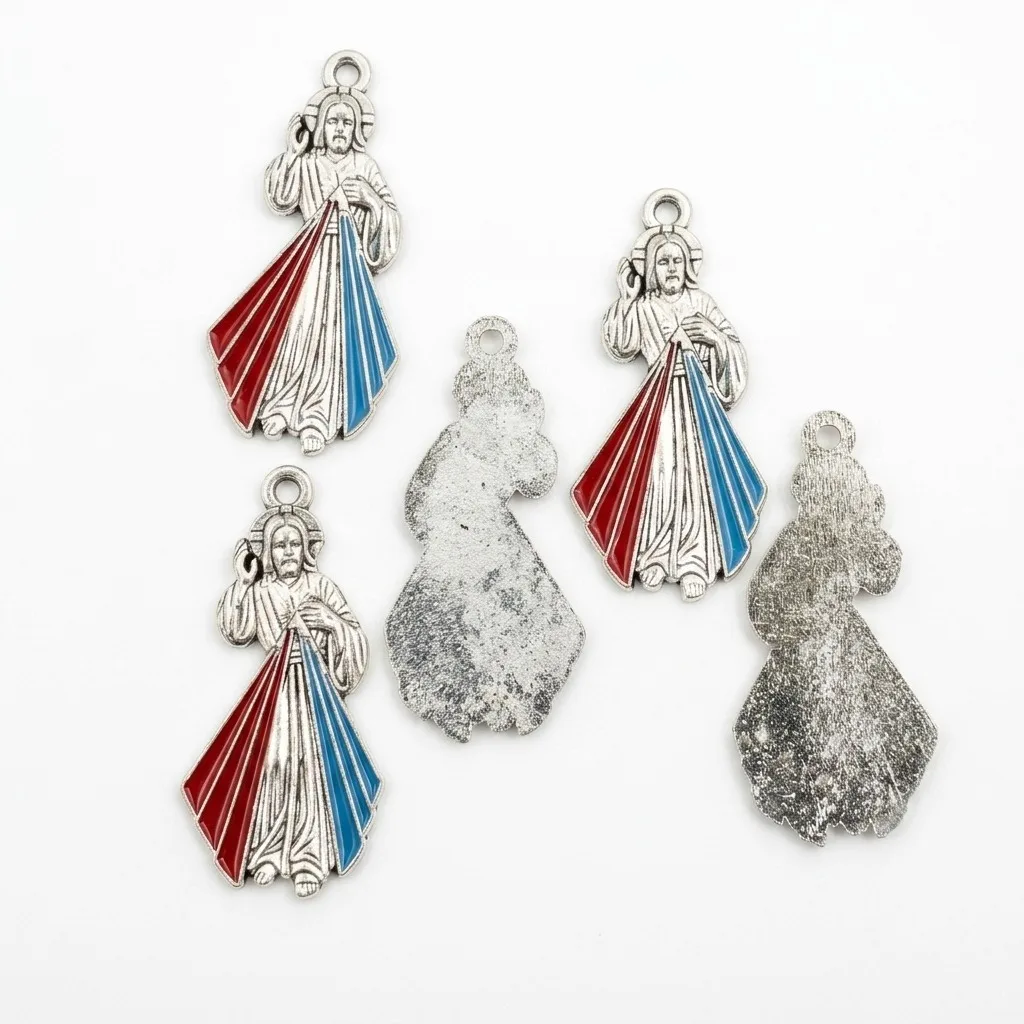 5Pcs Single Loop Divine Mercy Jesus Red Blue Enamel Pendant Charms Matte Silver Catholic Rosary Keychain Bag DIY Ornaments
