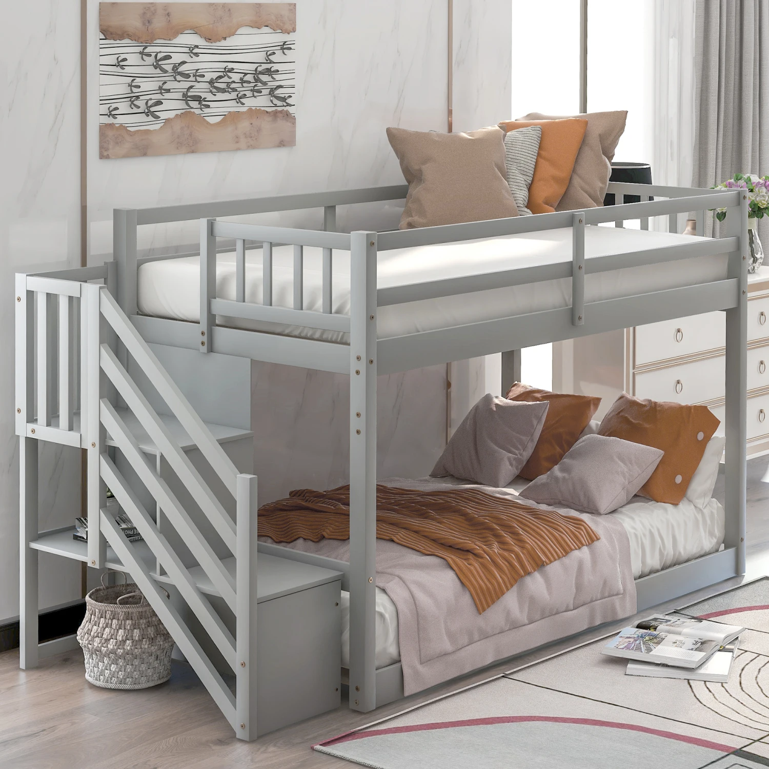 

Twin over Twin Floor Bunk Bed, Ladder with Storage, Gray