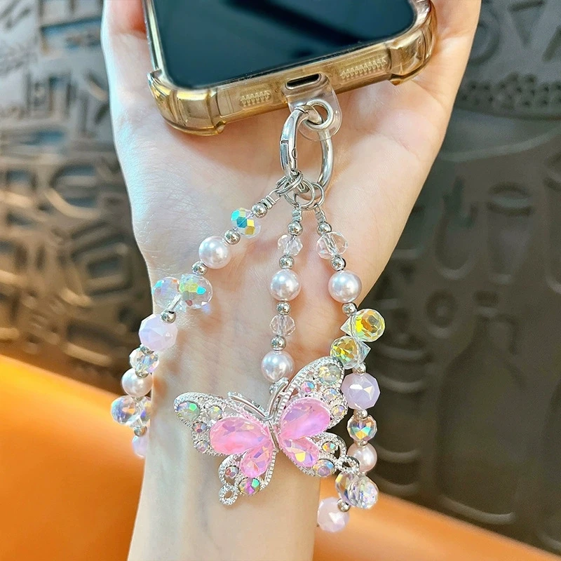 

Luxury High-End Flash Diamond Butterfly Tassel Mobile Phone Chain Crystal Beaded Mobile Phone Lanyard Short Wrist Holding Chain