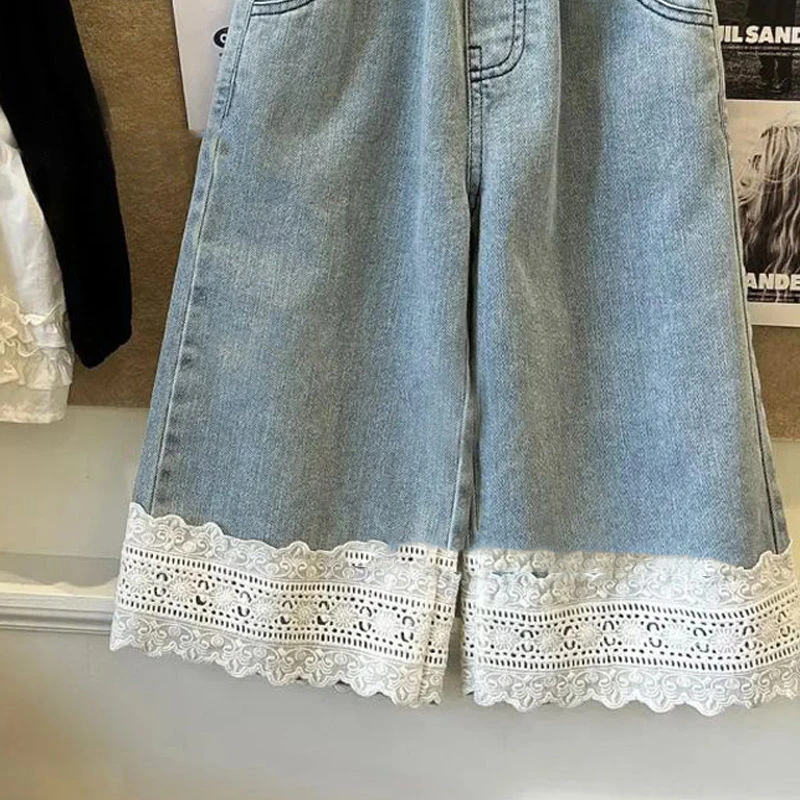 2024 Spring Girls Jeans For Small And Medium-Sized Children Lace Casual Pants Loose And Comfortable Straight Leg Baby Kids Pants