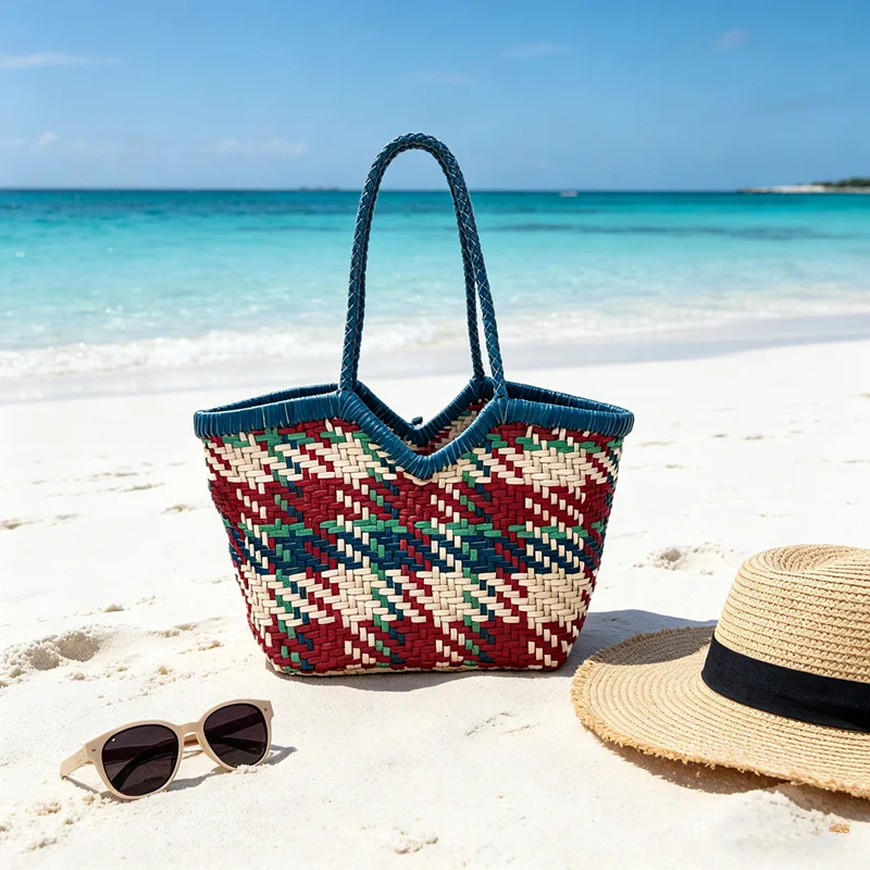 

Colored striped weaving bag women genuine leather cowskin knitting shopping basket handbag female bucket bag wholesale 2026 new