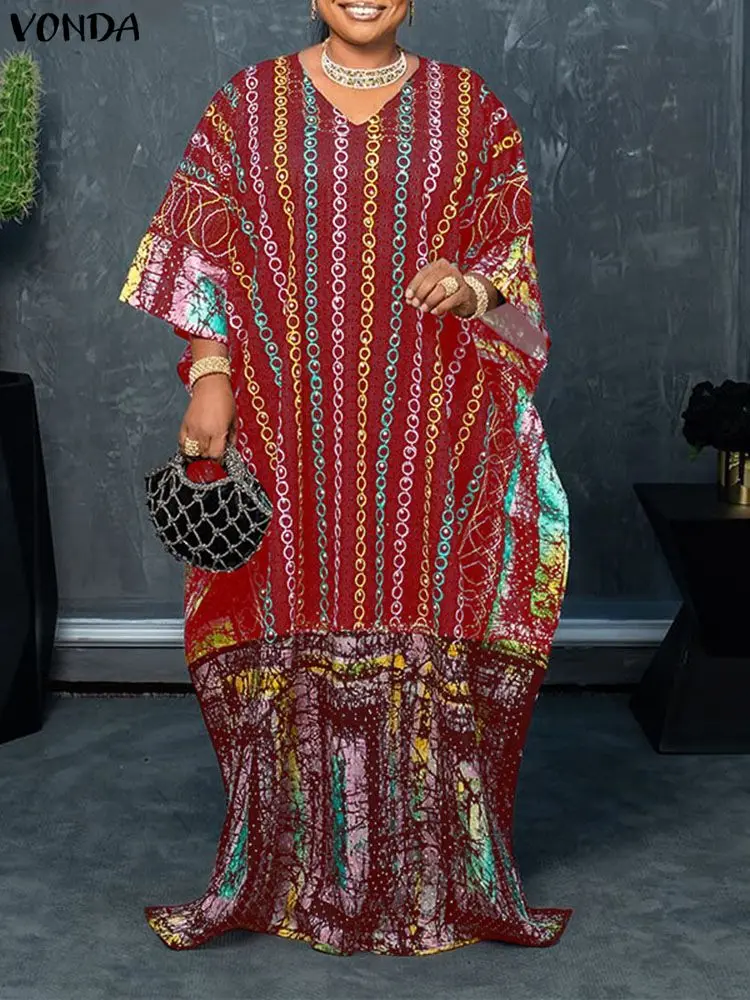 حجم كبير 5XL فوندا النساء البوهيمي ماكسي فساتين الخريف 3/4 كم الطباعة فستان الشمس طويل غير رسمي الخامس الرقبة خمر فضفاض Vestidos