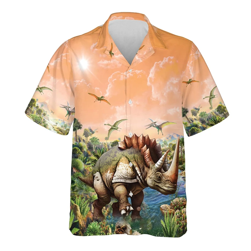 Chemises hawaïennes imprimées en 3D de dinosaure mignon pour hommes et femmes, chemisiers à vocation, chemise à revers, vêtements D37pour hommes, chemisiers animaux