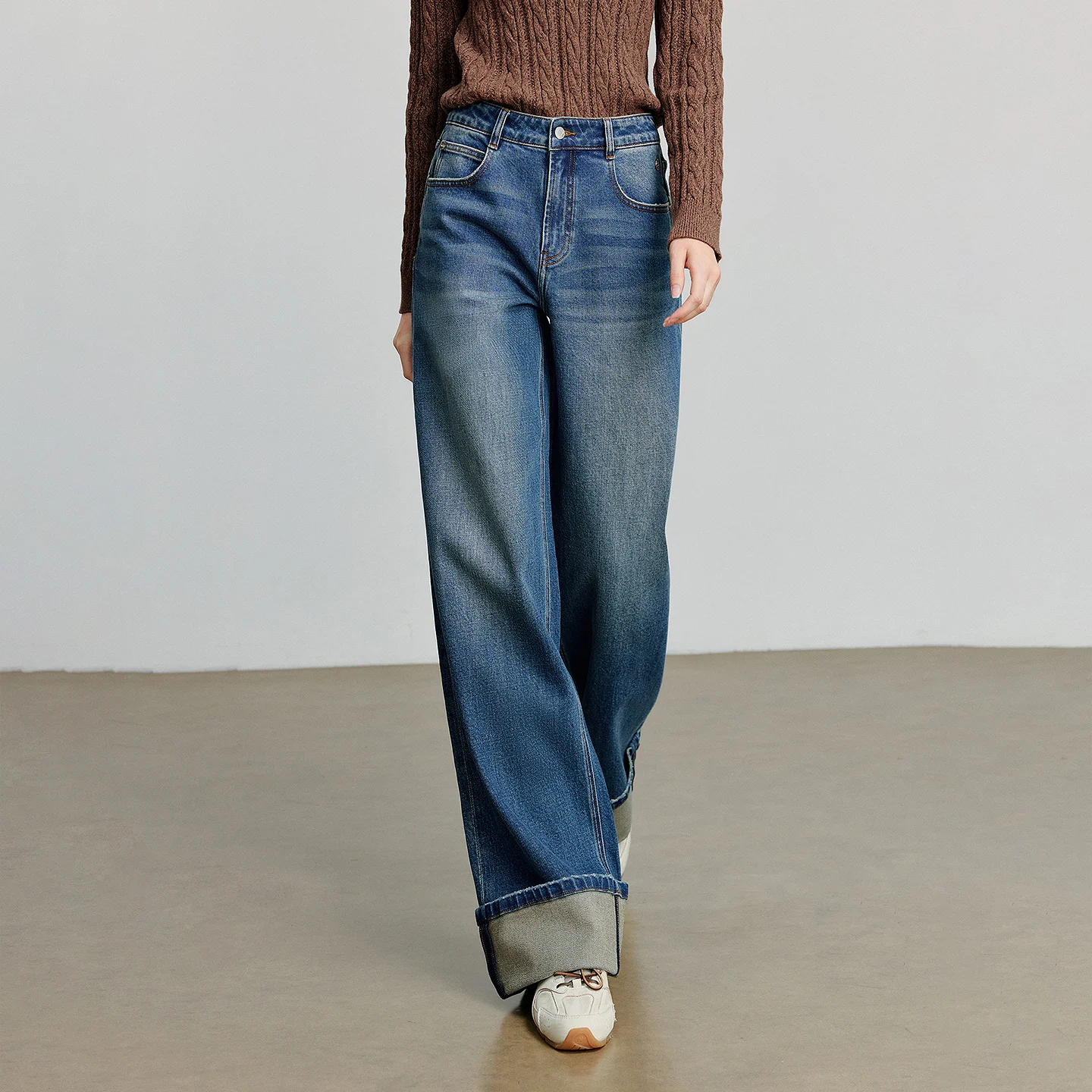 TOYOUTH Women Denim Jeans 2025 Autumn New Lycra Rolling Hem Straight Wide Leg Long Pants