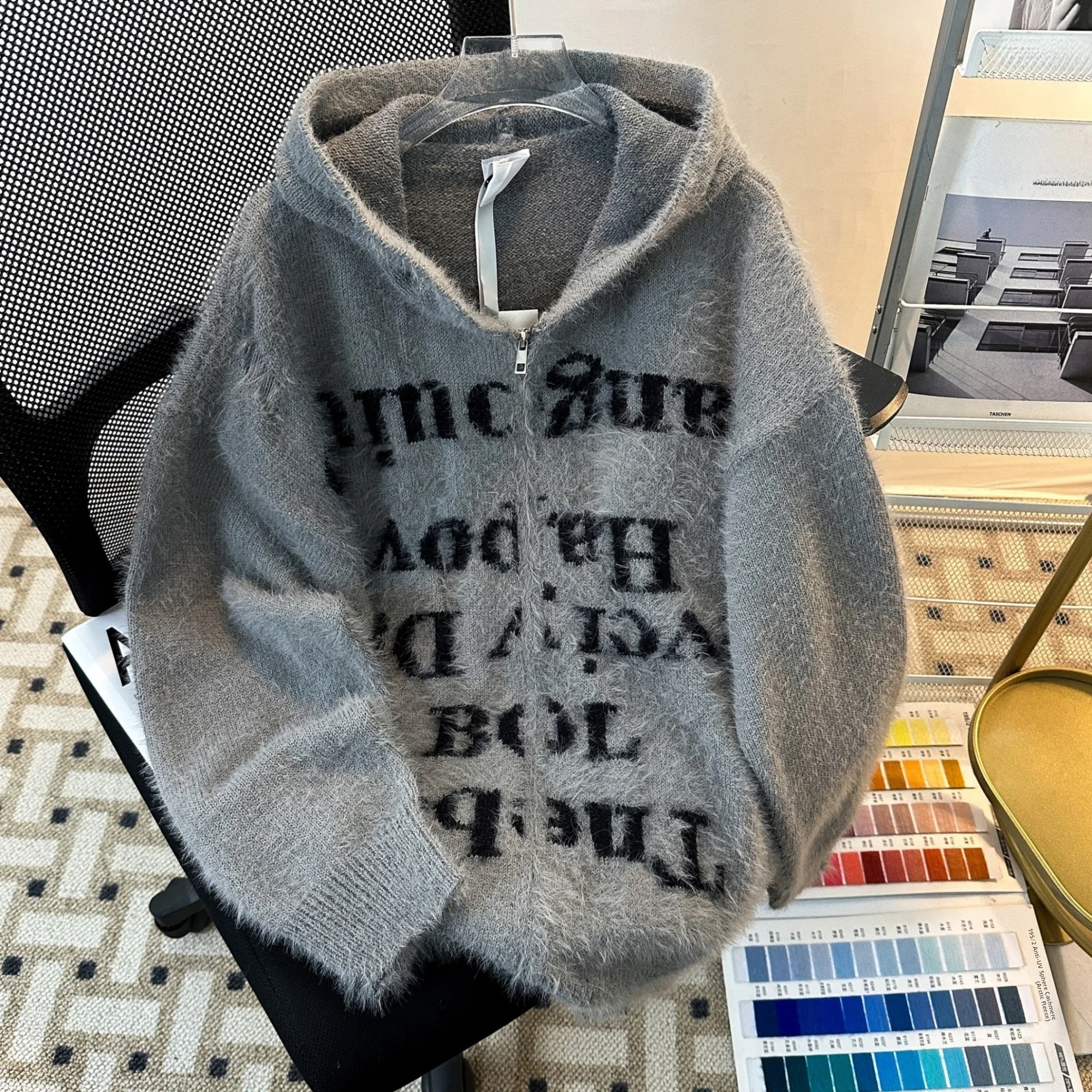 

Американский ленивый ретро High Street вязаный открытый кардиган с капюшоном для мужчин и женщин свитер свободная пара на молнии Plu Jaet повседневная одежда