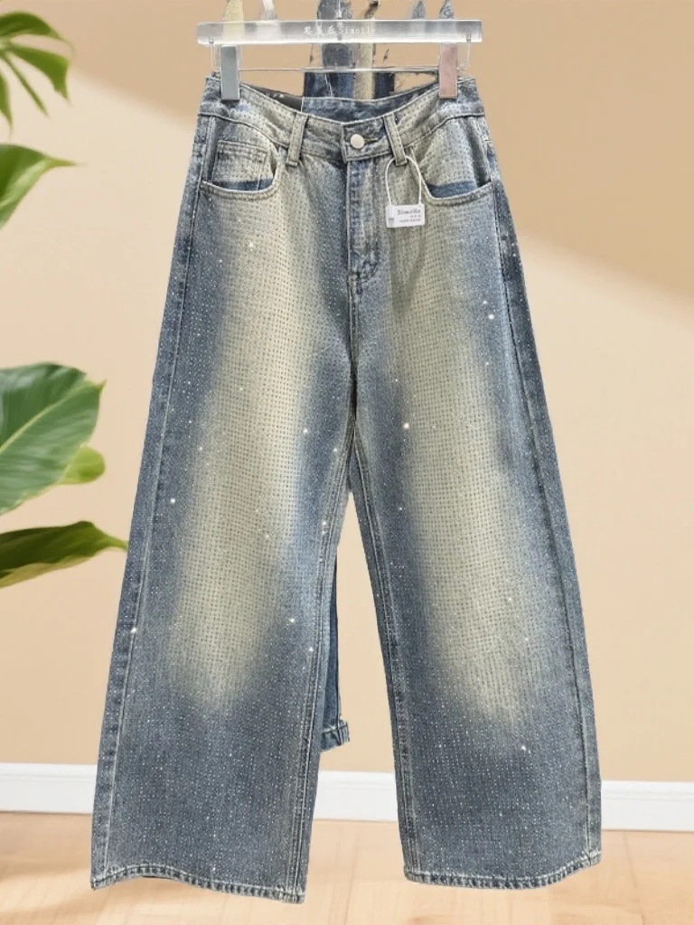 

Retro Loose Fit Heavy Du Sequin Denim Pants Women's Faion Floor-Length Wide Leg Jeans Casual High Waist ket Detail