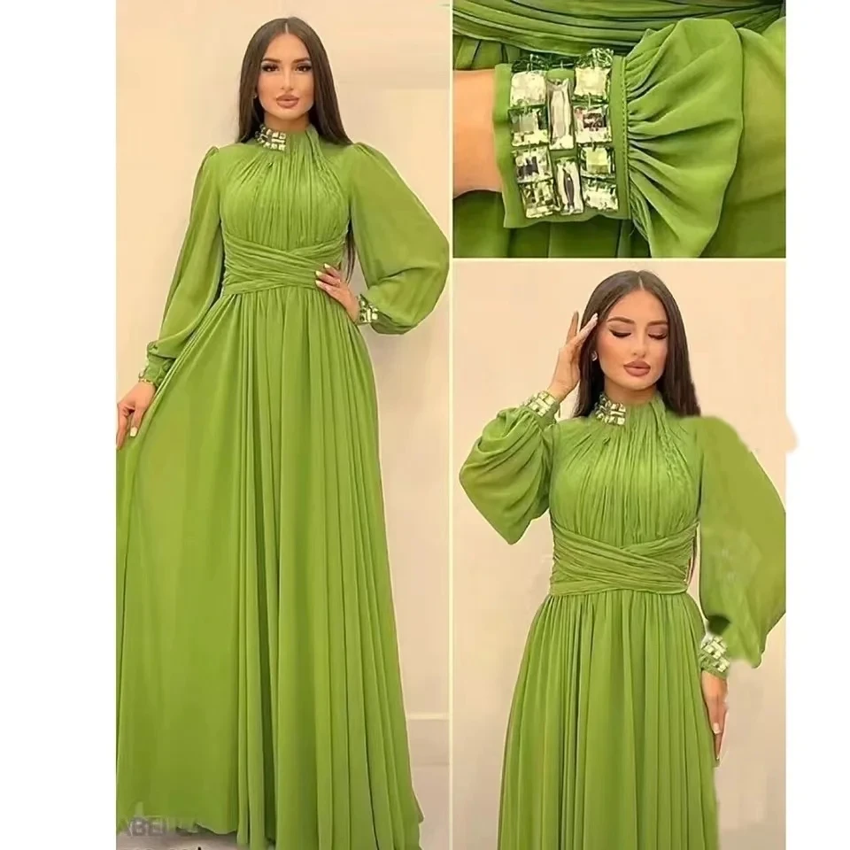 2024 nuova estate autunno abito lungo in Chiffon elegante donna colletto alla coreana diamanti lanterna manica a vita alta Prom Party Robe Vestidos