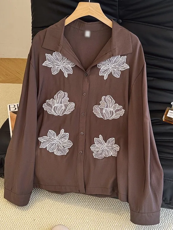 Ele Comfortable Women's irt 2025 Autumn New Sle Pasted Flower Slimming Versatile Cotton  Collar Long Sve Casua...