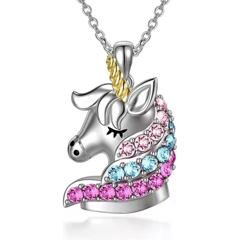 Fashion Unicorn Necklace Color Cartoon Crystal Unicorn Jewelry Pendant Necklace for Women Banquet Birthday Anniversary Gift