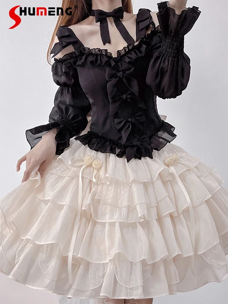 

Elegant Sweet Socialite Lolita Princess Outfits Black Square Neck Long Sleeve Bow Top High Waist Tiered Trailing Skirt Set Women