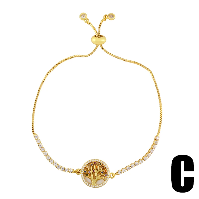 FLOLA Gold Plated Round Cross Virgin Mary Bracelets Women Stone Tree Of Life Bolo Bracelet Bangle CZ Wholesale Jewelry brtd12