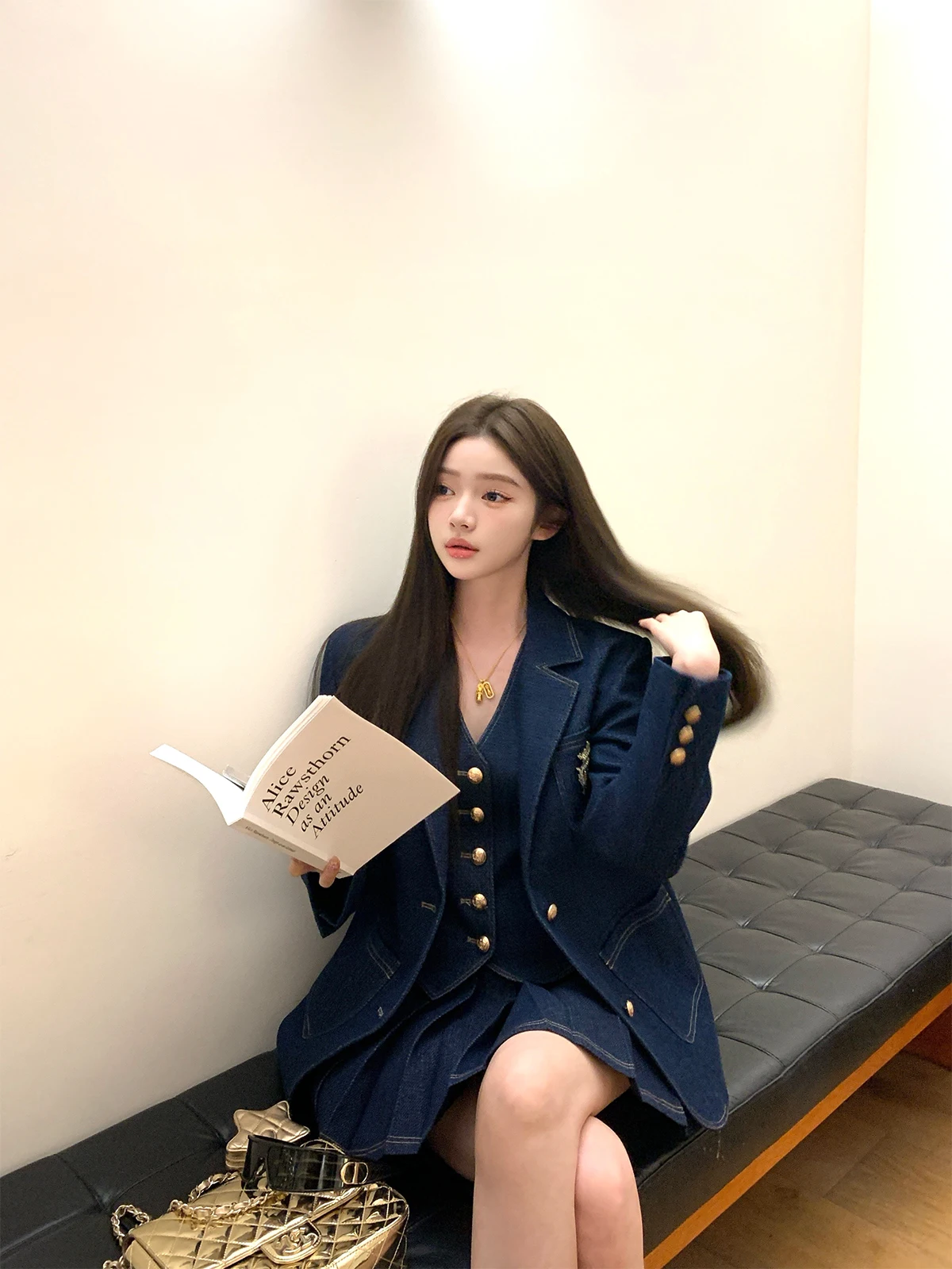 

Женский модный комплект Chen Jin Briti nce Sister Special Mix: джинсовый костюм в стиле ретро с элементами прусского синего и колледж-стиля