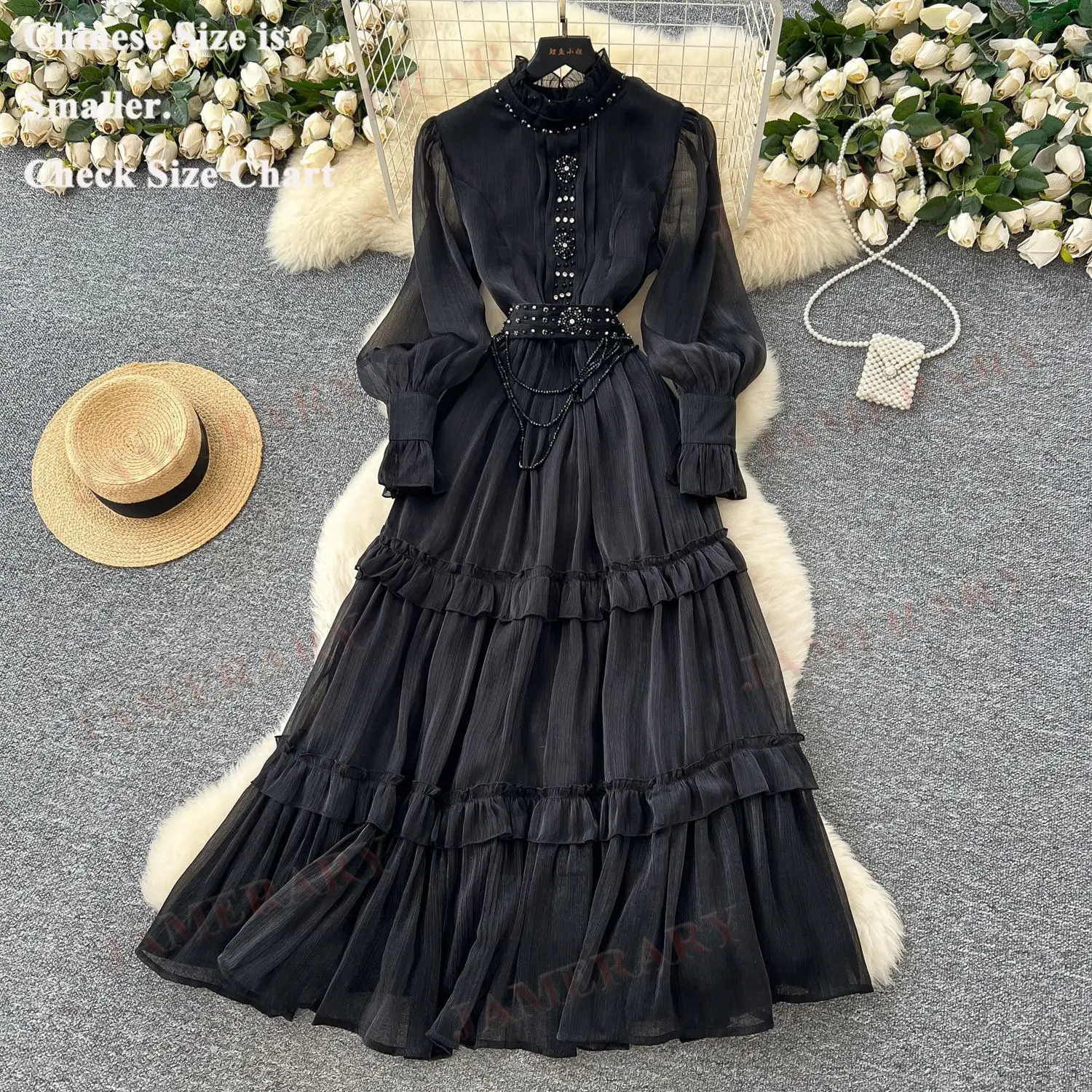 Elegante verano otoño satén manga larga Maxi Vestido de pastel mujeres volantes vestidos de noche de cristal Hada dulce Vestido con cuentas de cristal