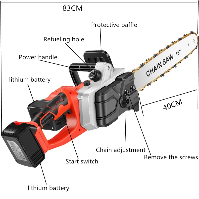 เลื่อยโซ่ไฟฟ้าไร้สายแบบมือเดียว ขนาด 16 นิ้ว แบบสองโซ่ ใช้มอเตอร์ไฟฟ้า แบตเตอรี่ลิเธียมแบบพกพา