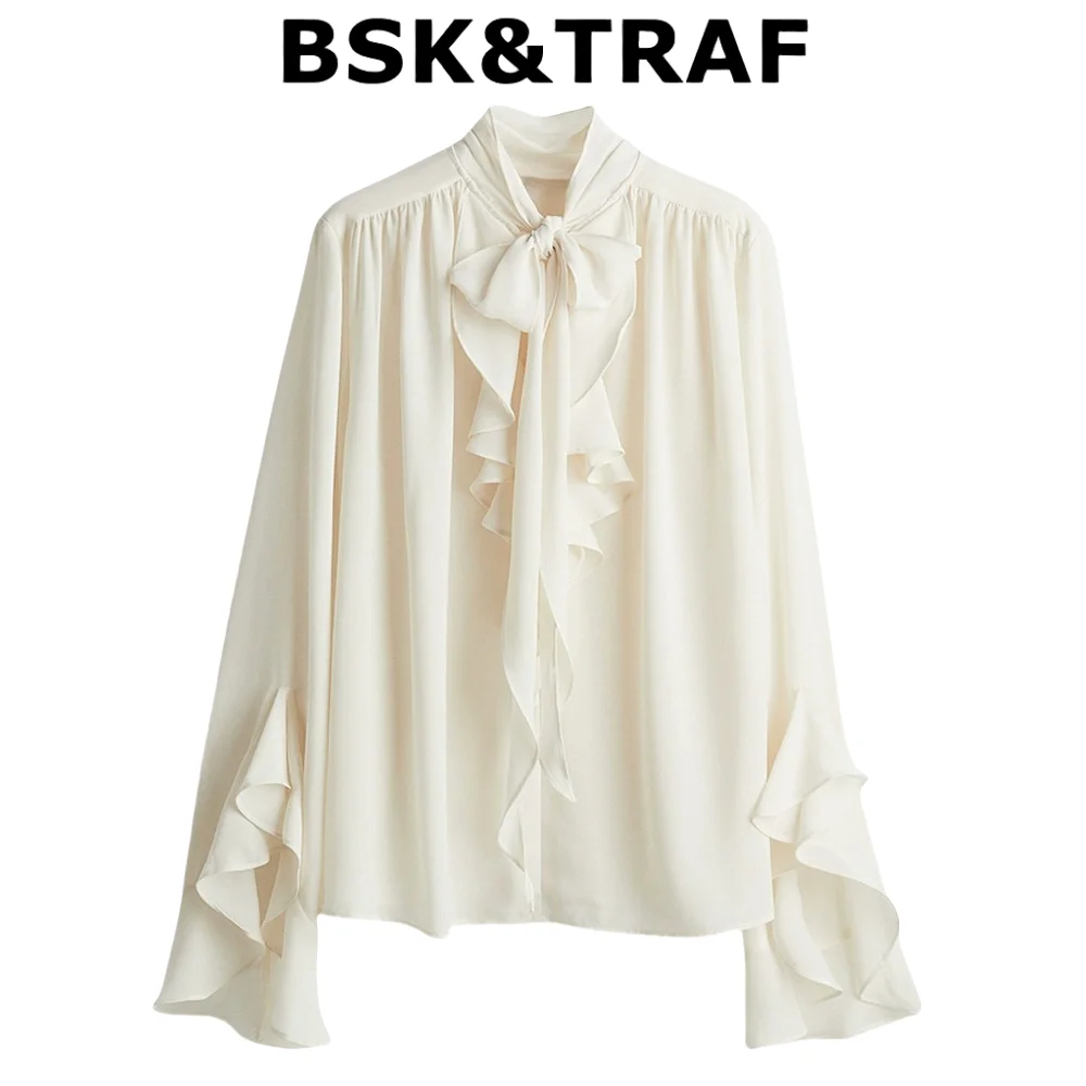 

BSK&TRAF Summer Women's Fashion Casual Leisure Ruffled Neckline Lace-up Top 2025 New Temperament Elegant Chiffon Shirt Top