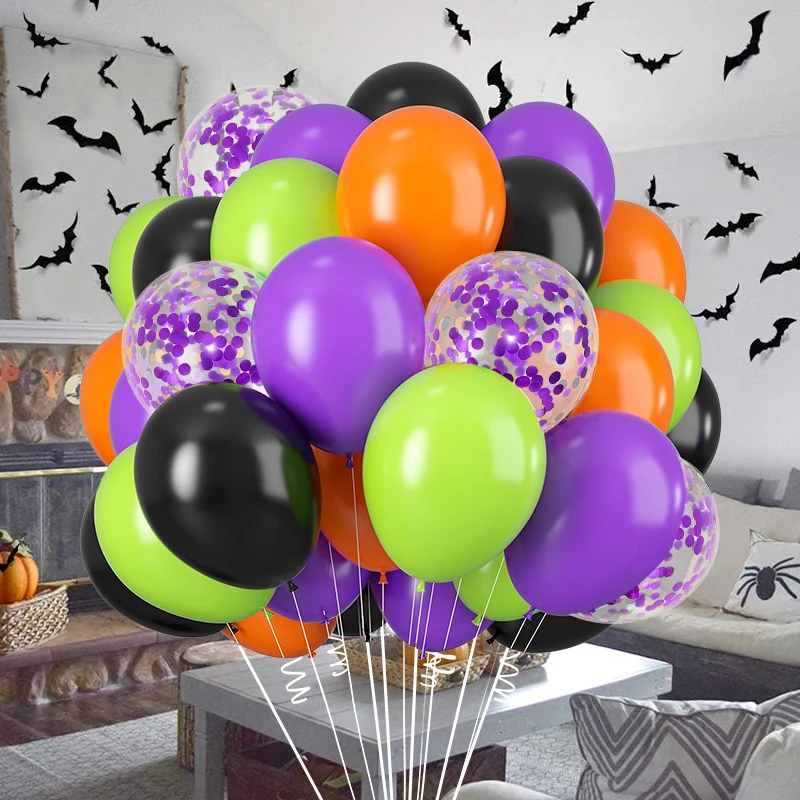 45pcs Halloween Black Purple Green Orange and confetti purple latex balloons, Halloween decorations, birthdays, horror parties