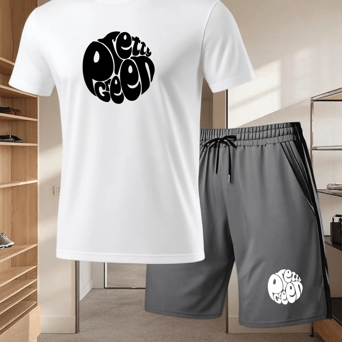 Conjunto de dos piezas de punto de poliéster para hombre, camiseta con estampado de letras, pantalones cortos sueltos, ropa deportiva transpirable para correr, entrenamiento, uso diario