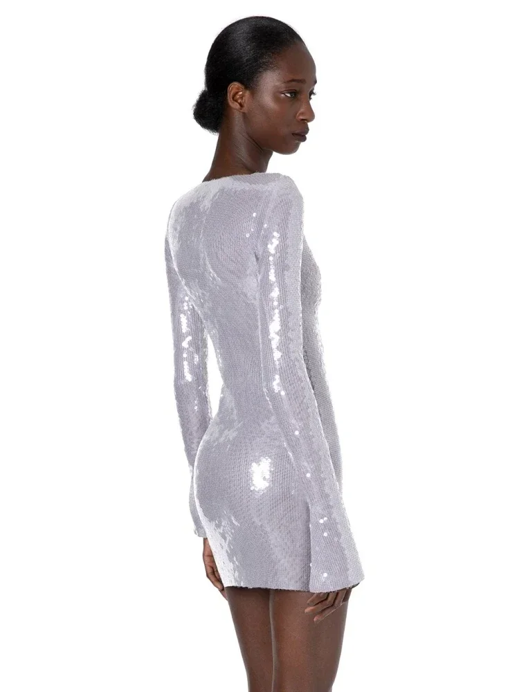 Sexy decote em v rendas lantejoulas mini vestido feminino prata cinza lantejoulas sheer boaycon vestido primavera elegante festa noite clube vestidos