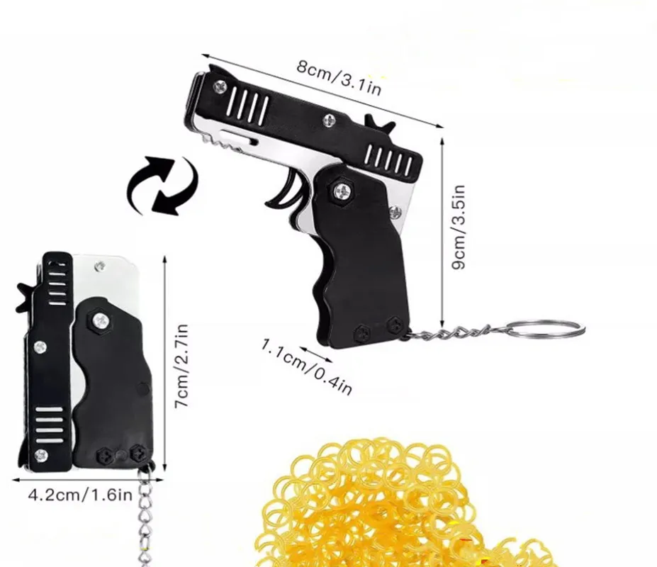 Mini pistola de metal com elástico para crianças Pistola dobrável divertida Pingente de charme chave Presentes de aniversário Brinquedos ao ar livre Jogo de festa 1pc