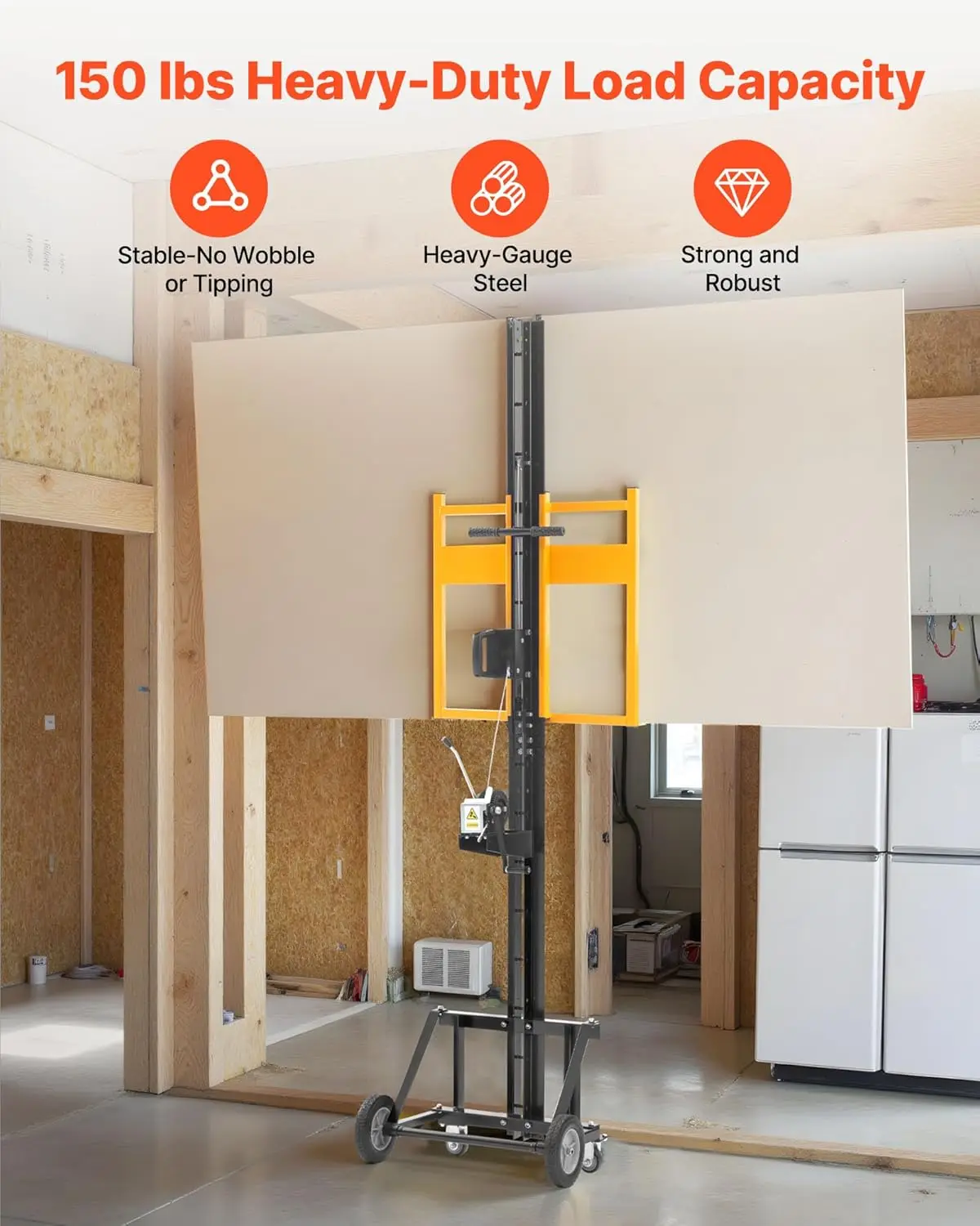 رفع الحوائط الجافة، رافعة صفائح شديدة التحمل بوزن 150 رطلاً لتركيب السقف والجدار، تركيب الحوائط الجافة لشخص واحد، 4 × 16 قدم بحد أقصى.