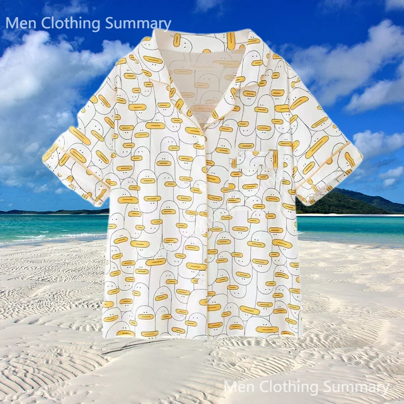 Summer Little Yellow Duck Print Hawaiian Sets Men's Casual Short Sleeve Button Down Lapel Shirt Shorts 2 Piece Suit Men Clothing